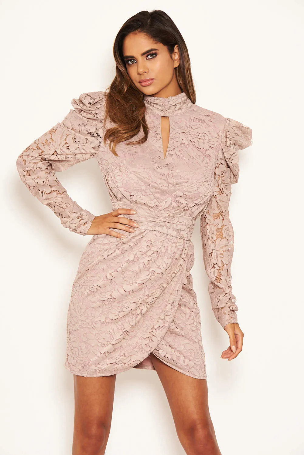 Mushroom Lace Puff Sleeve Wrap Dress sold by AX Paris product image thumbnail 4