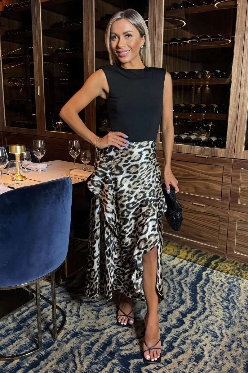 Multi Leopard Print 2 In 1 Double Frill Split Midi Dress sold by AX Paris