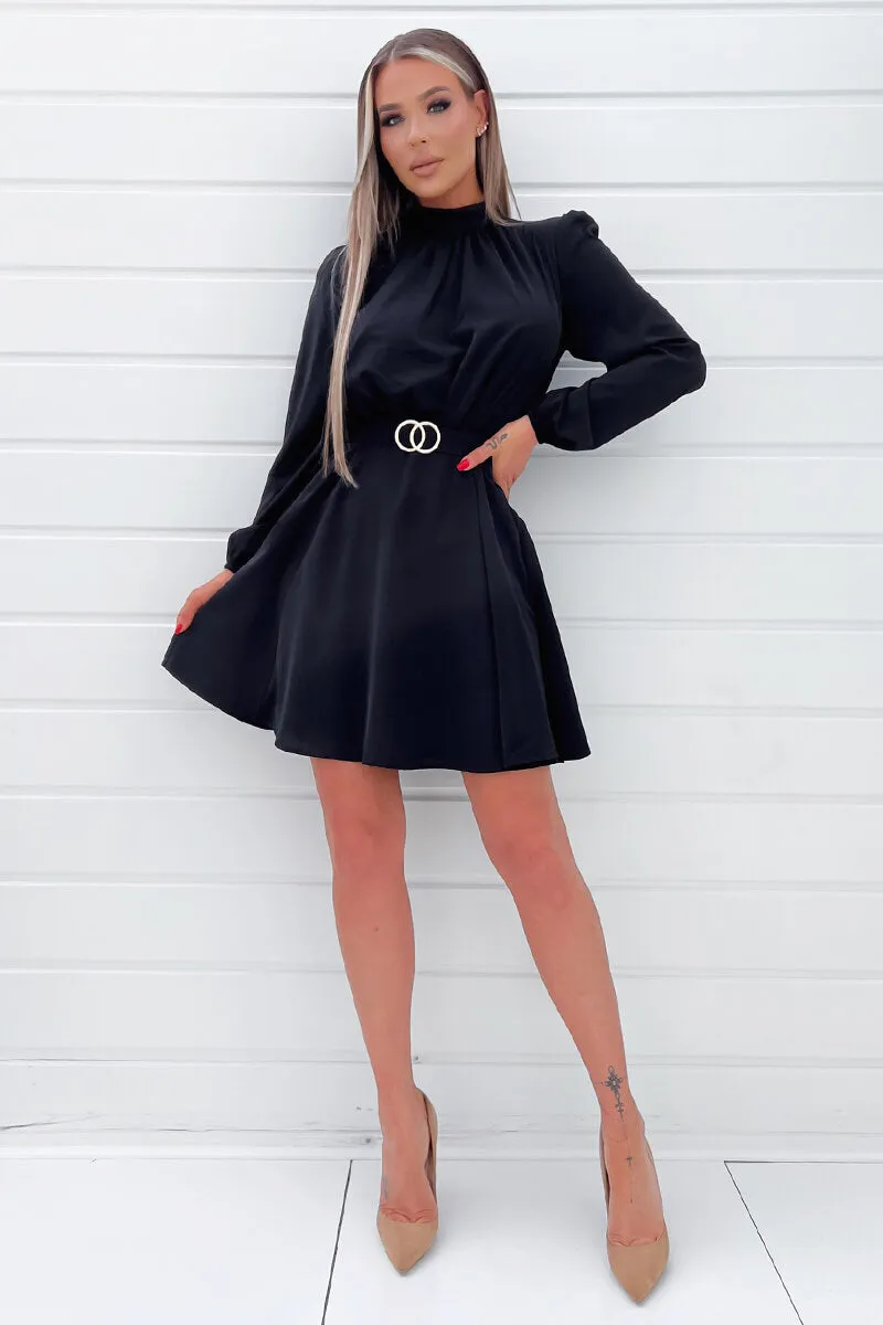 Black High Neck Long Puff Sleeve Belted Skater Dress sold by AX Paris product image thumbnail 2