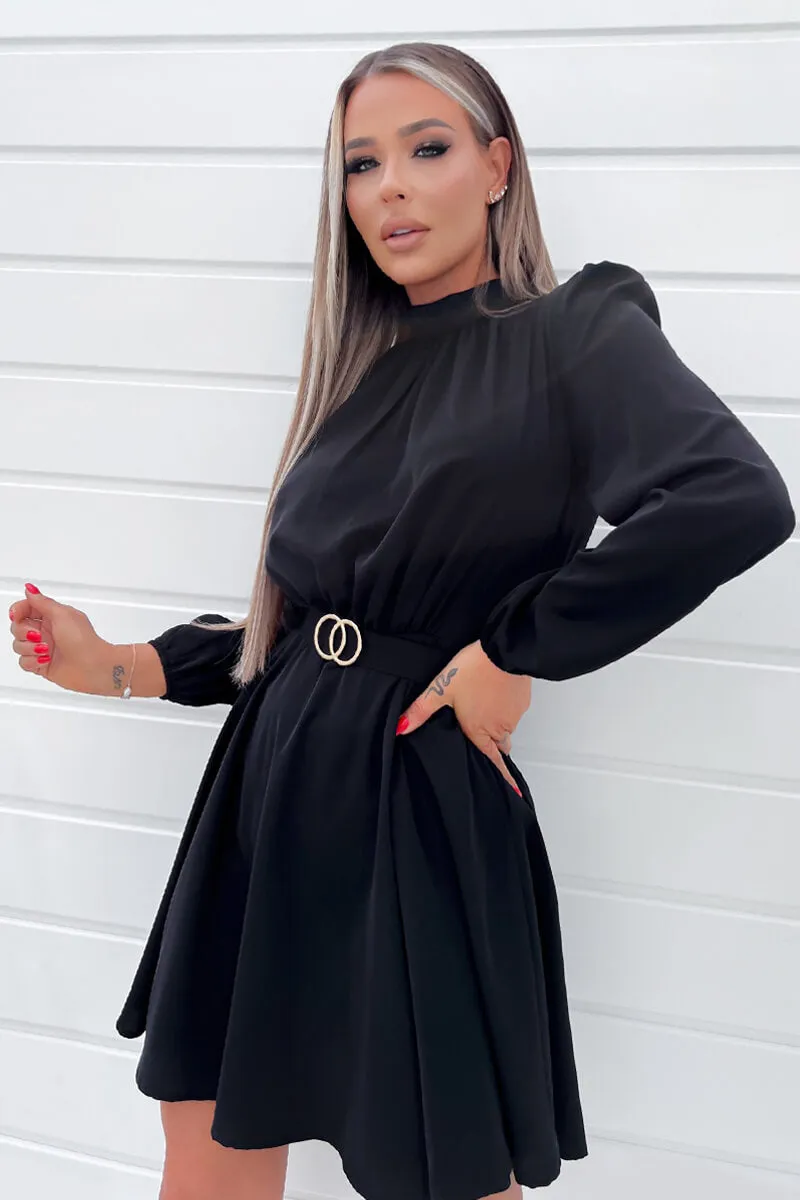 Black High Neck Long Puff Sleeve Belted Skater Dress sold by AX Paris product image thumbnail 3