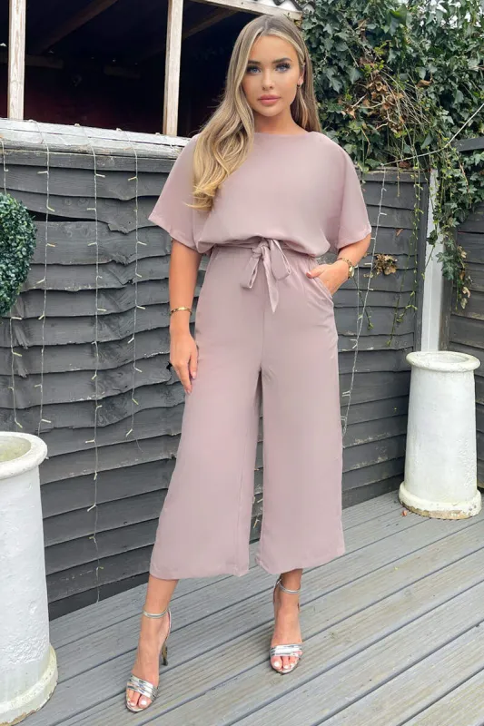 Mushroom Tie Waist Short Sleeve Culotte Jumpsuit sold by AX Paris