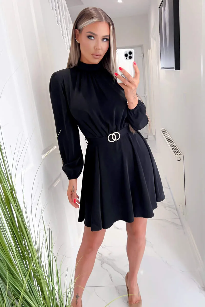 Black High Neck Long Puff Sleeve Belted Skater Dress sold by AX Paris