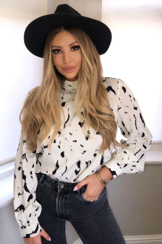 Cream Abstract Print High Neck Top sold by AX Paris