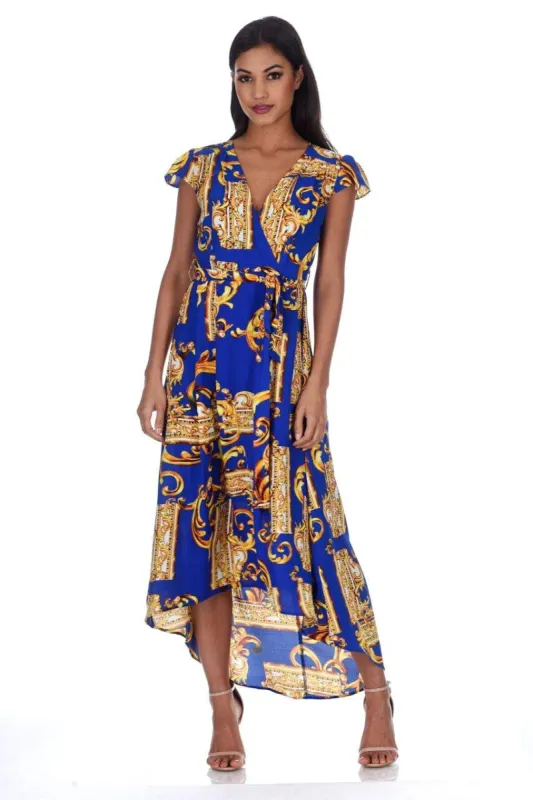 Blue and Gold Patterned Wrap Over Tie Waist Belt Dress sold by AX Paris