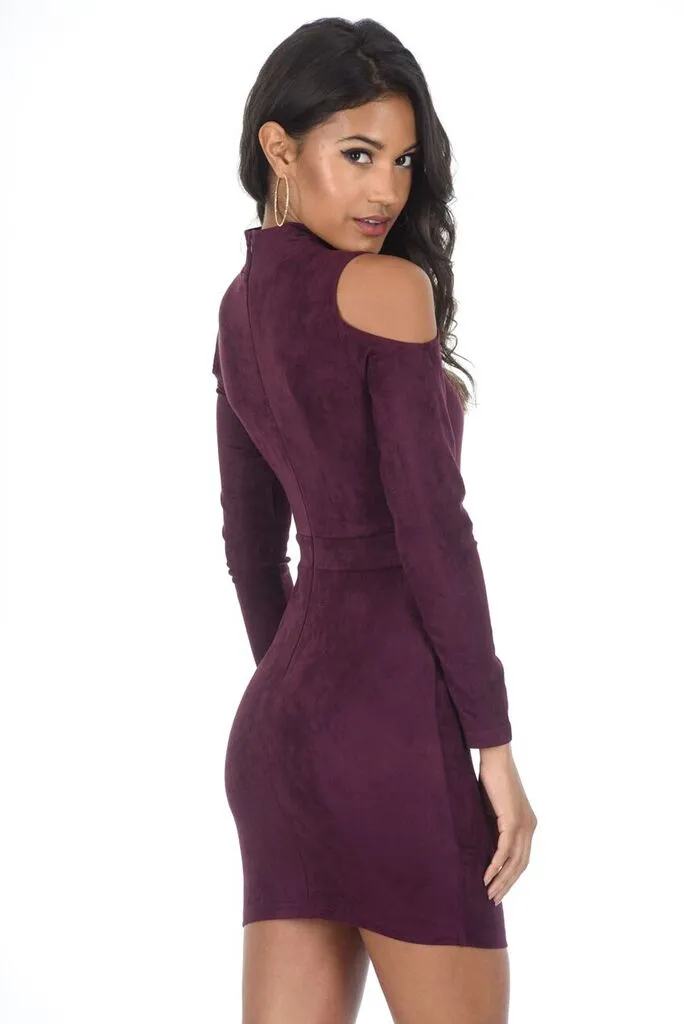 Plum faux suede High Neck Cold Shoulder Mini Dress sold by AX Paris product image thumbnail 3
