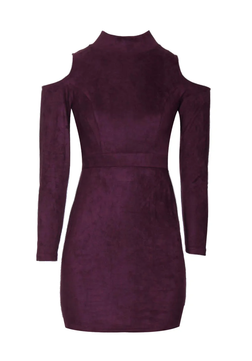Plum faux suede High Neck Cold Shoulder Mini Dress sold by AX Paris product image thumbnail 4