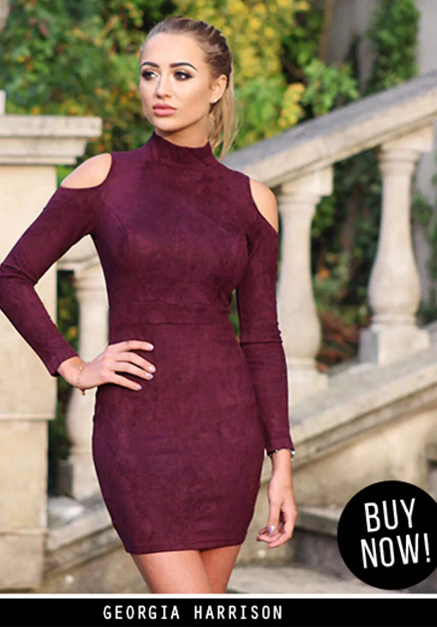 Plum faux suede High Neck Cold Shoulder Mini Dress sold by AX Paris
