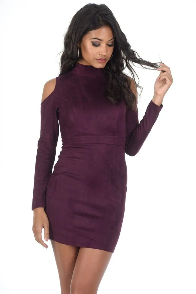 Plum faux suede High Neck Cold Shoulder Mini Dress sold by AX Paris product image thumbnail 2