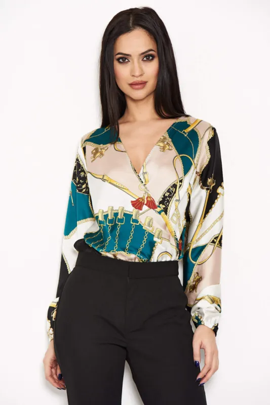 Green Printed Wrap Bodysuit sold by AX Paris