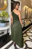 Olive One Shoulder Pleated Satin Midi Dress sold by AX Paris
