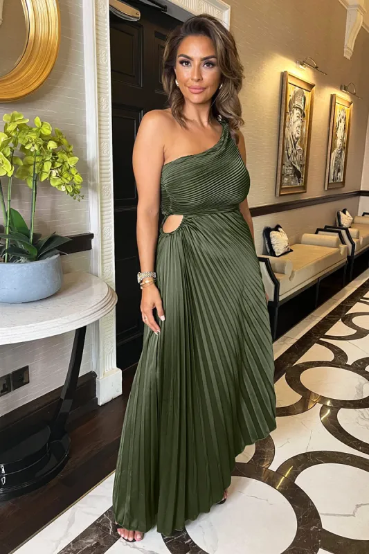 Olive One Shoulder Pleated Satin Midi Dress sold by AX Paris