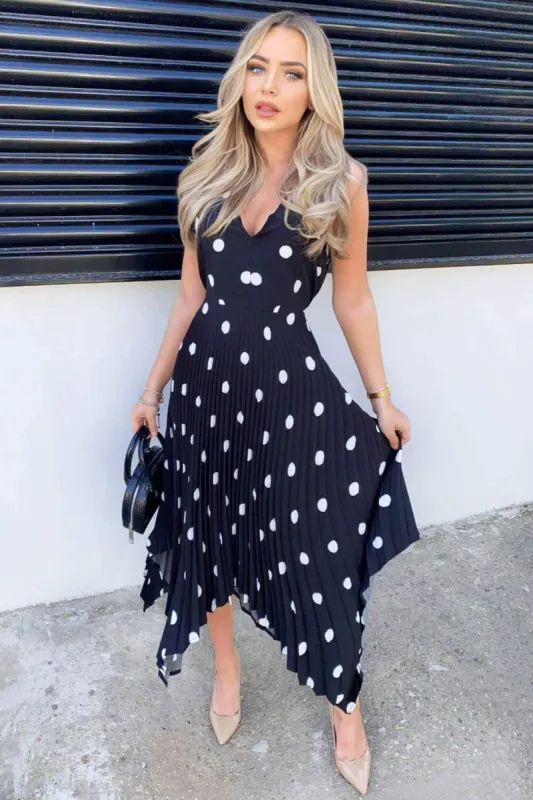 Black Polka Dot Sleeveless Pleated Dress sold by AX Paris