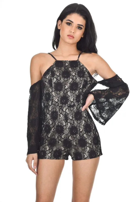 Black Cut Out Shoulder Lace Contrast Playsuit sold by AX Paris