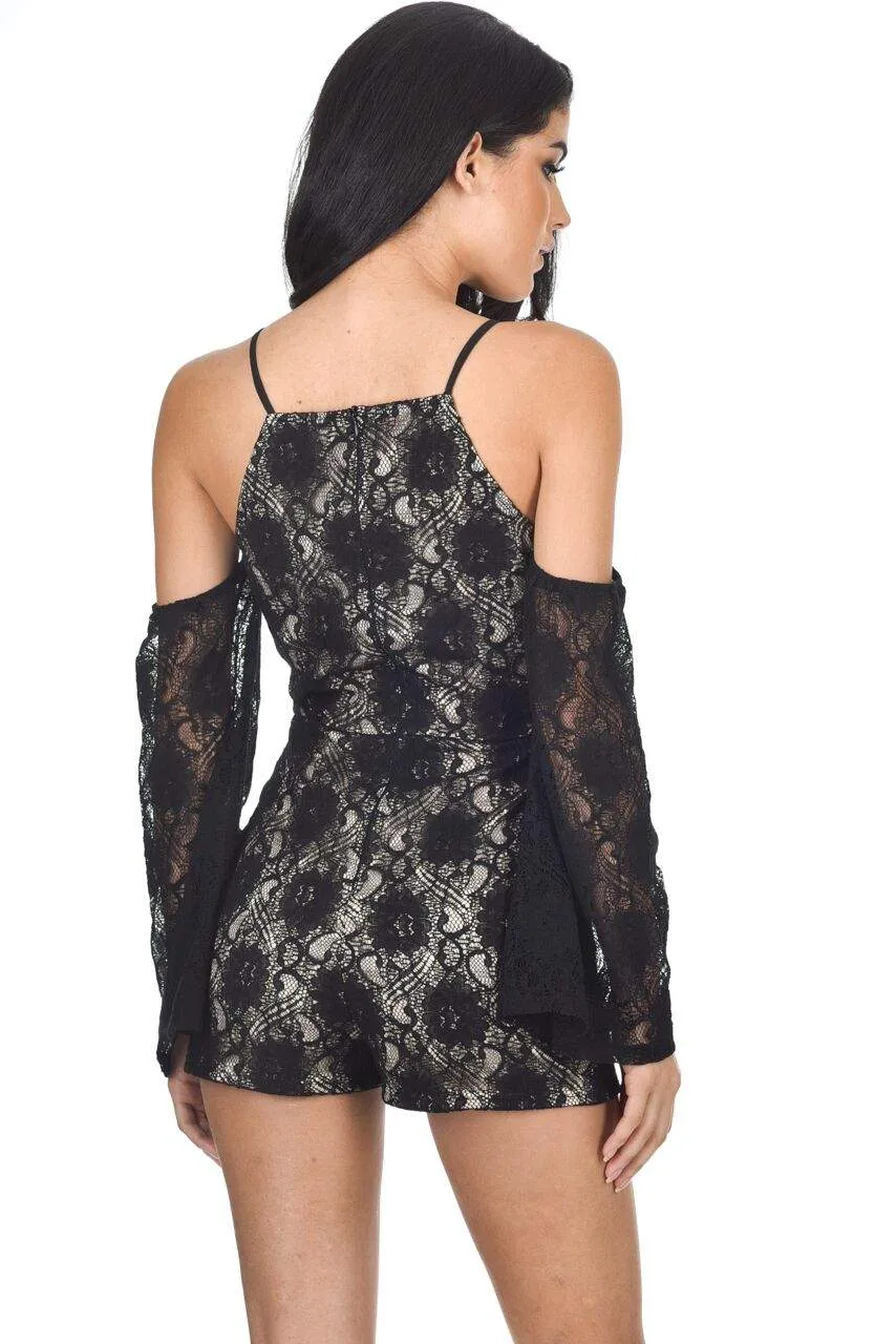 Black Cut Out Shoulder Lace Contrast Playsuit sold by AX Paris product image thumbnail 3