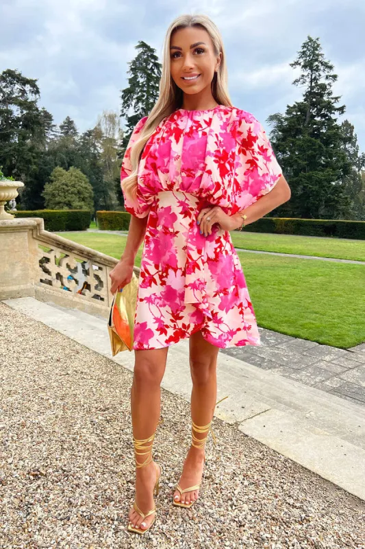 Pink and Red Floral Printed Mini Dress sold by AX Paris