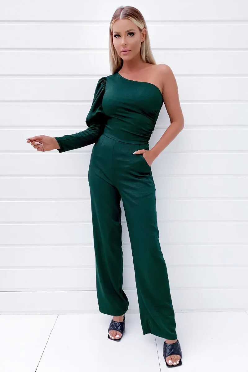 Green One Shoulder Puff Sleeve Jumpsuit sold by AX Paris