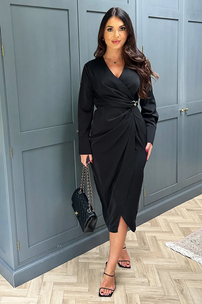 Black Wrap Gold Buckle Midi Dress sold by AX Paris