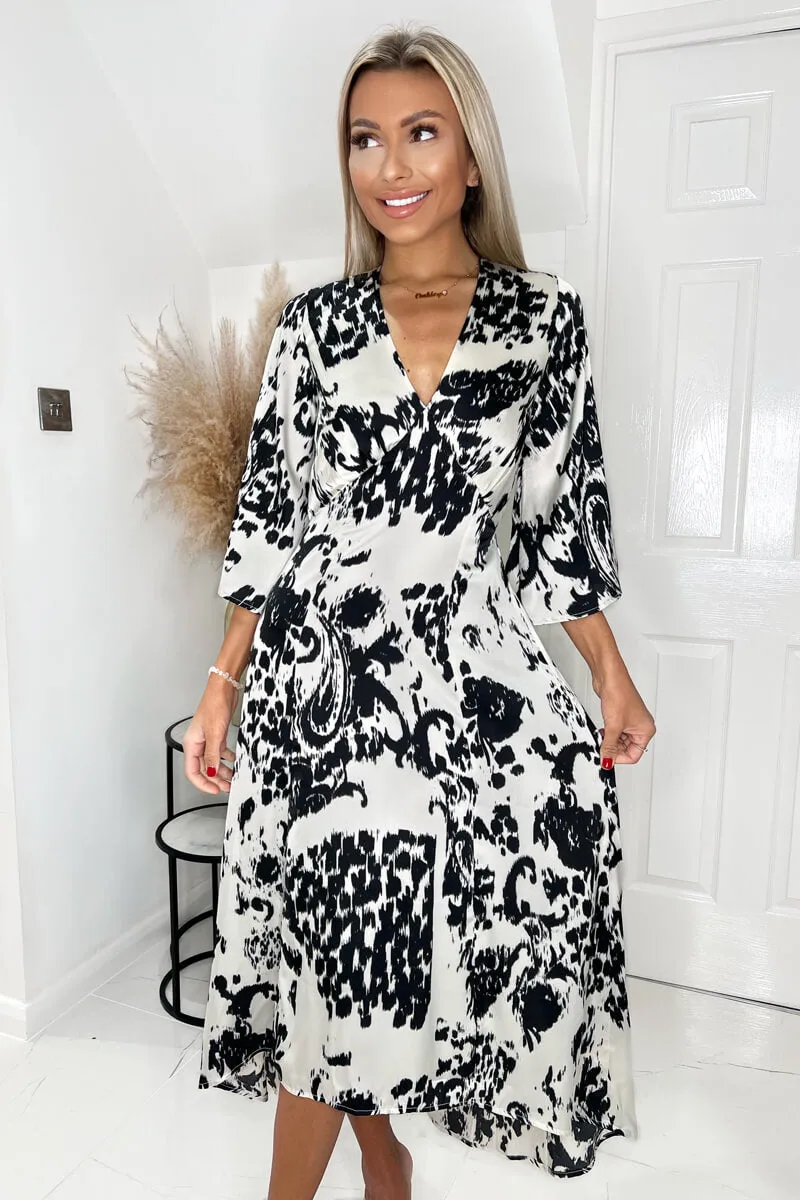 Black And Cream Printed V Neck Bell Sleeve Midi Dress sold by AX Paris product image thumbnail 3