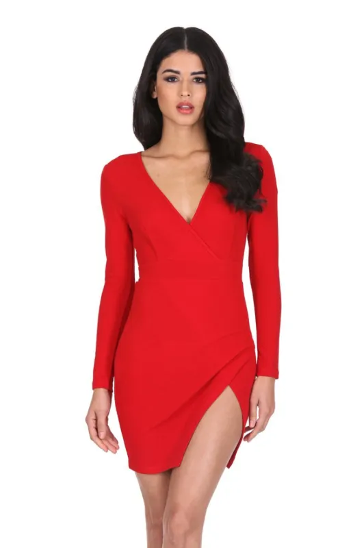 Red Wrap Thigh Split Dress sold by AX Paris