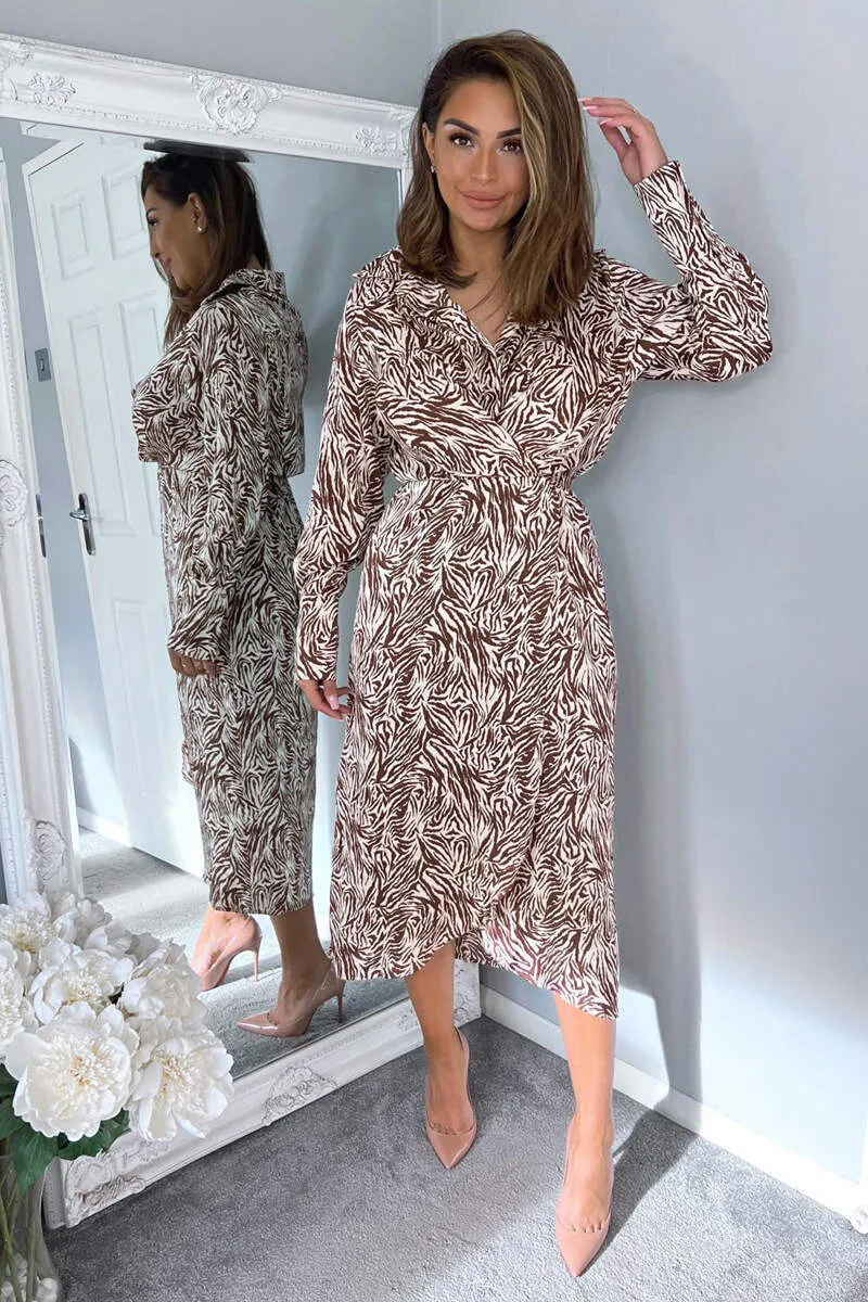 Brown Animal Print Wrap Over Midi Dress sold by AX Paris product image thumbnail 4