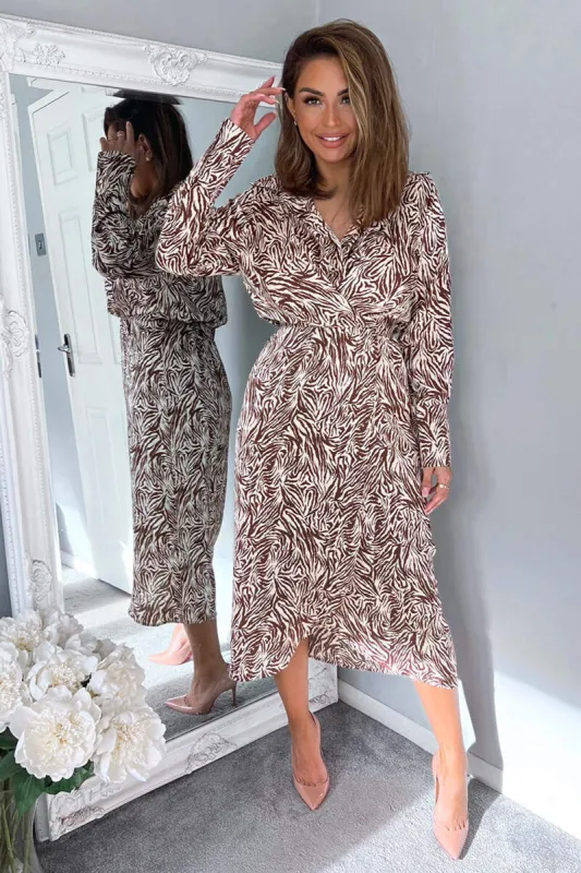 Brown Animal Print Wrap Over Midi Dress sold by AX Paris