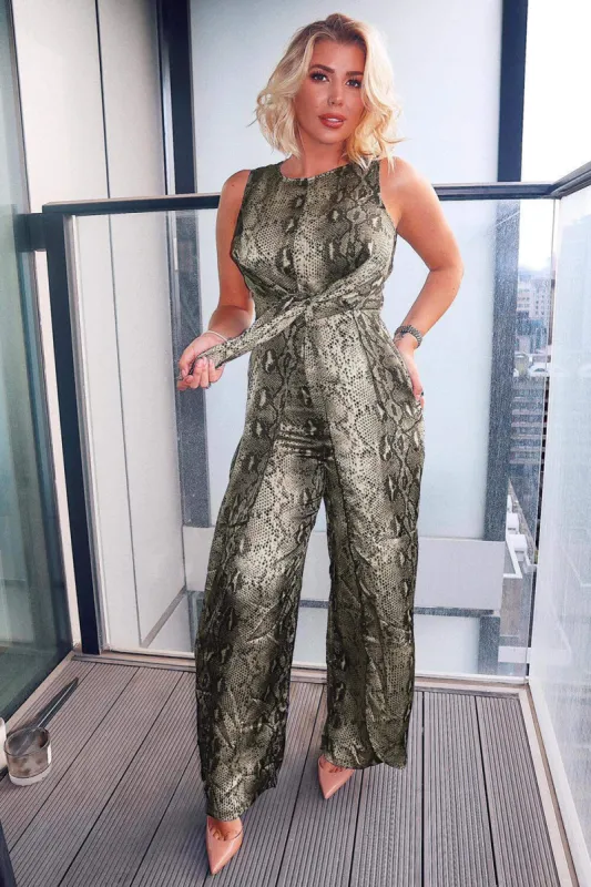 Khaki Snake Print Jumpsuit With Knot Front sold by AX Paris