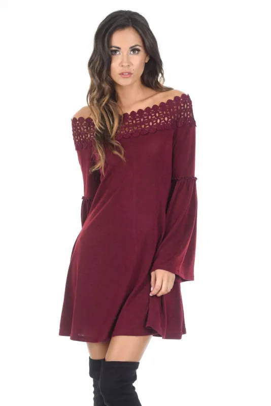 Wine Off The Shoulder Frill Swing Dress sold by AX Paris