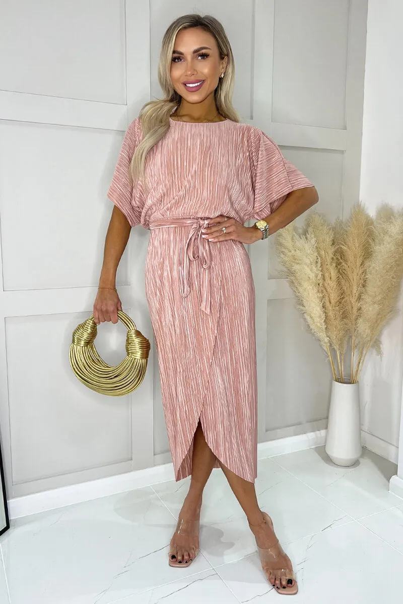 Champagne Short Sleeve Tie Waist Plisse Midi Dress sold by AX Paris