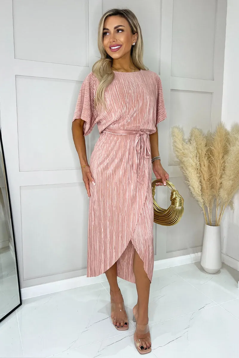 Champagne Short Sleeve Tie Waist Plisse Midi Dress sold by AX Paris product image thumbnail 2