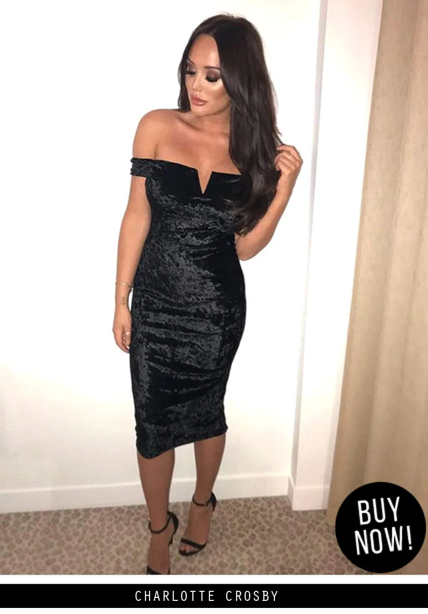 Black Velvet Off The Shoulder Bardot Dress sold by AX Paris