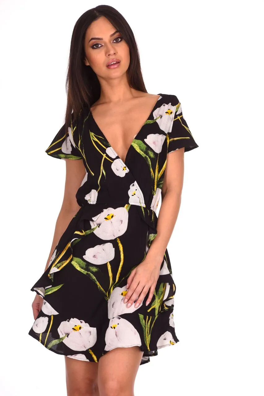 Black Floral Frill Detail Dress sold by AX Paris