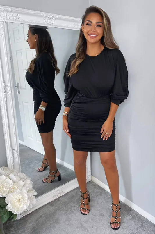 Black Bat Wing Ruched Mini Dress sold by AX Paris