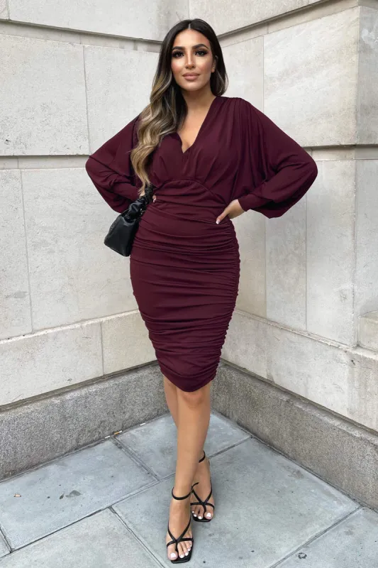 Plum Ruched Bat Wing Sleeve Midi Dress sold by AX Paris