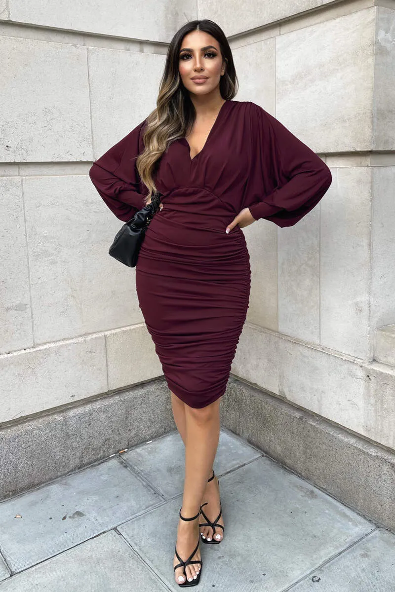 Plum Ruched Bat Wing Sleeve Midi Dress sold by AX Paris