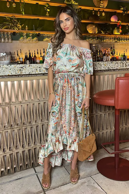 Multi Paisley Printed Bardot Frill Hem Midi Dress sold by AX Paris