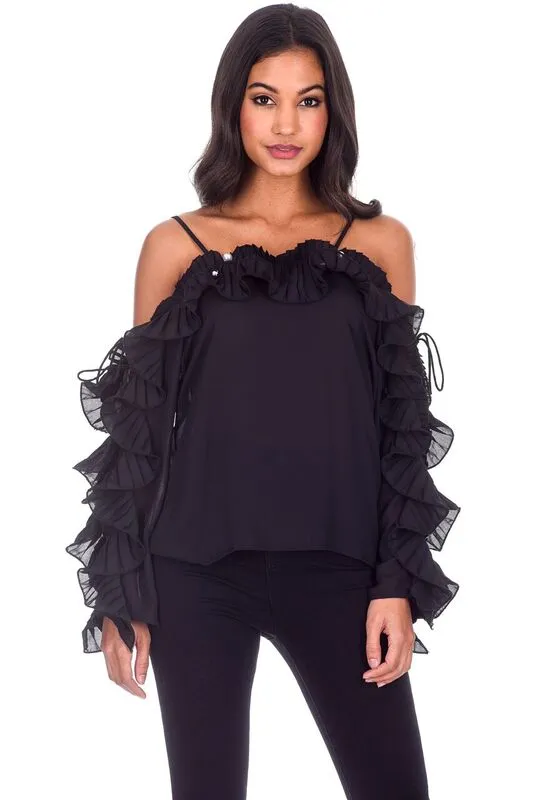 Black Frill Detail Off The Shoulder Top sold by AX Paris