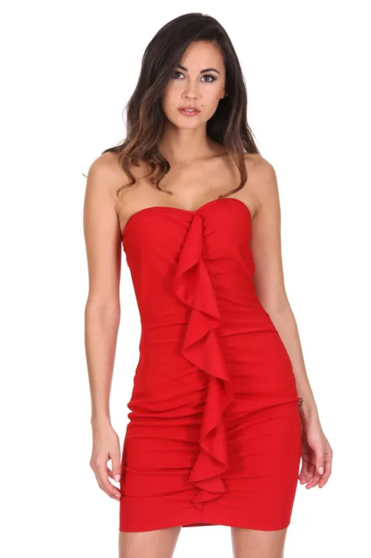 Red Ruched Frill Front Mini Dress sold by AX Paris