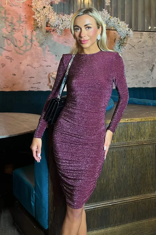 Plum Sparkly Long Sleeve Ruched Midi Bodycon Dress sold by AX Paris
