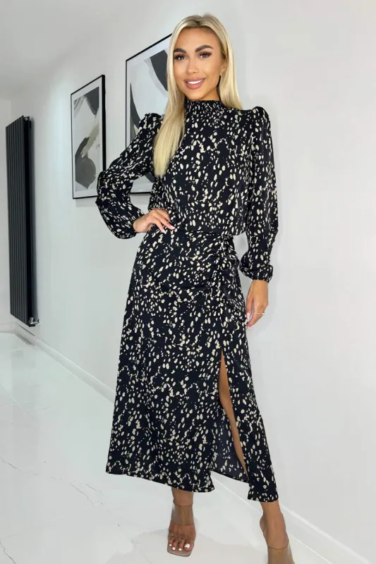 Black And Beige Printed High Neck Split Skirt Midi Dress sold by AX Paris