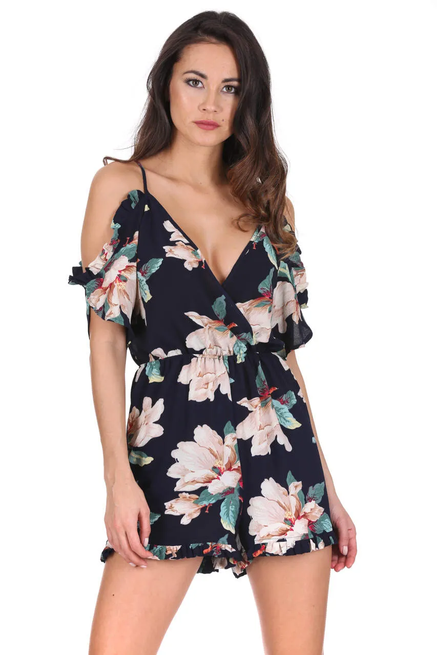 Navy Floral Cold Shoulder Playsuit sold by AX Paris