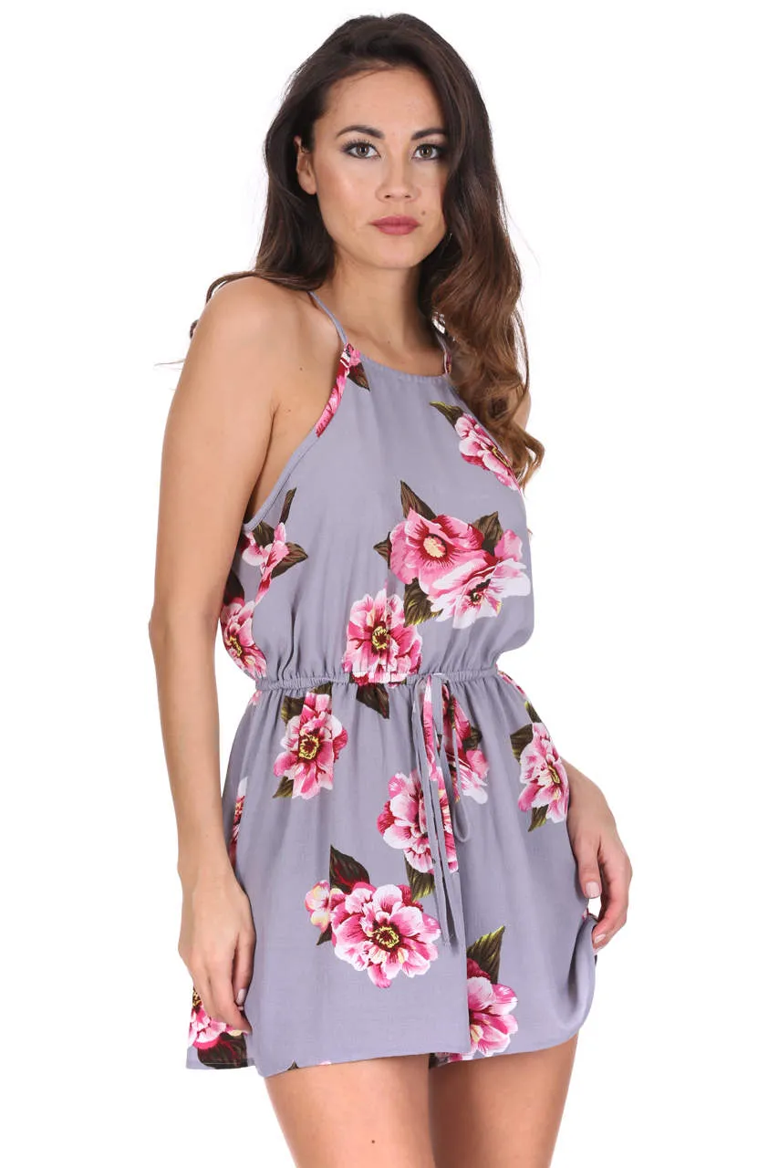 Grey Contrast Floral High Neck Playsuit sold by AX Paris