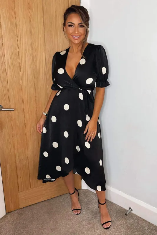 Black And Stone Polka Dot Wrap Side Tie Midi Dress sold by AX Paris