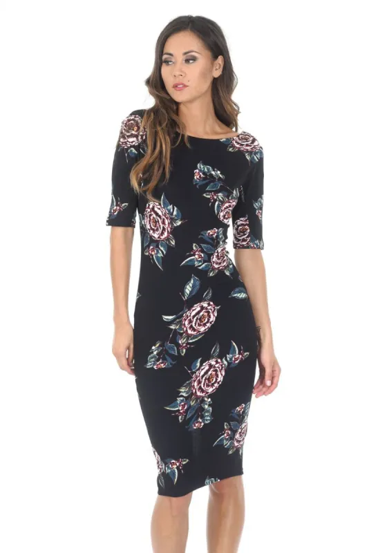 Black Floral Short Sleeved Midi Dress sold by AX Paris