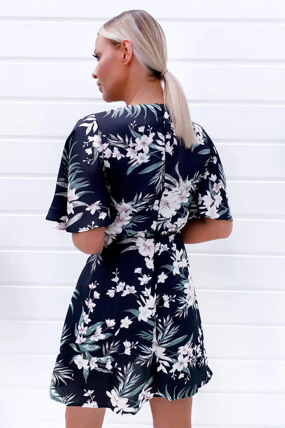 Black Floral Flute Sleeve Dress sold by AX Paris product image thumbnail 4