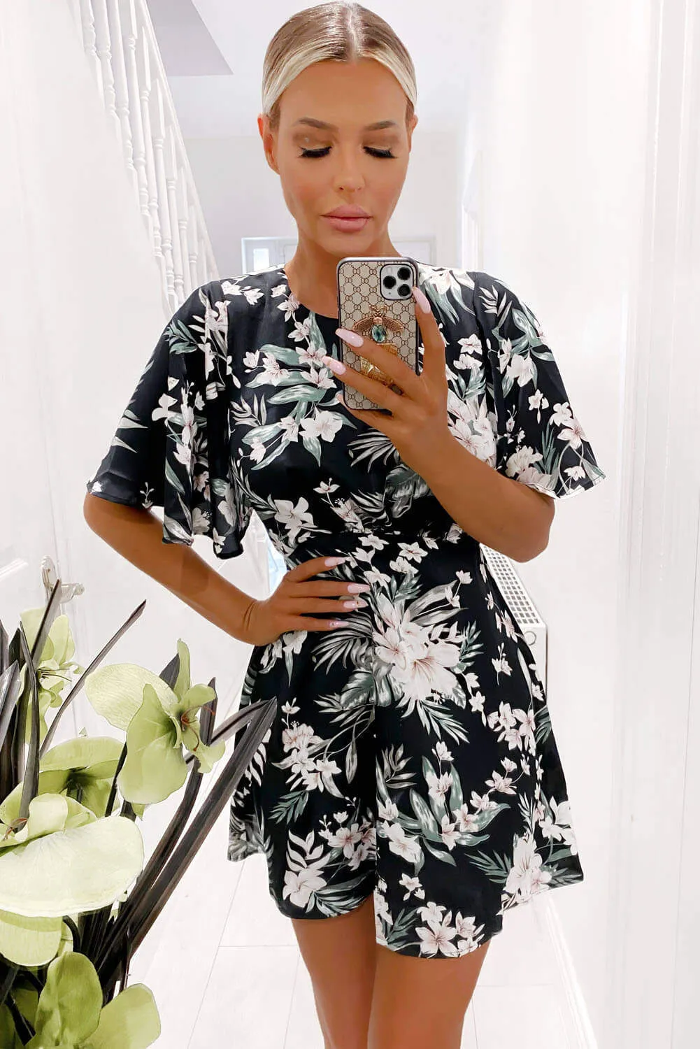 Black Floral Flute Sleeve Dress sold by AX Paris