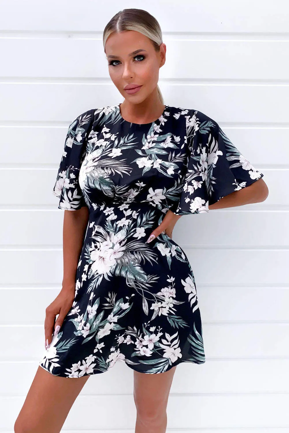 Black Floral Flute Sleeve Dress sold by AX Paris product image thumbnail 2