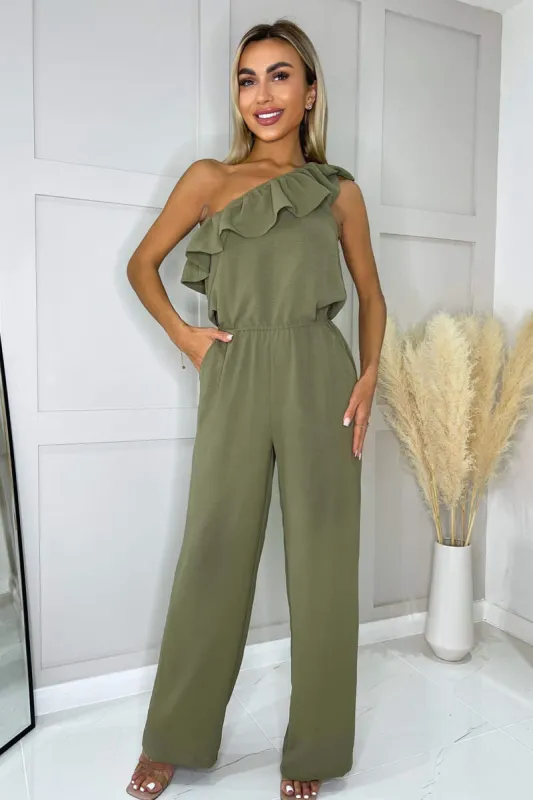 Khaki Frill One Shoulder Jumpsuit sold by AX Paris