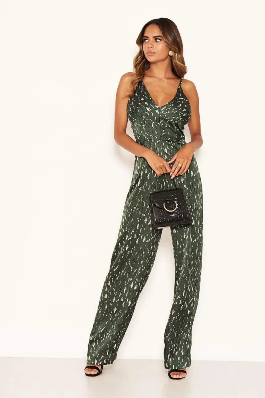 Green Printed Satin Wide Leg Jumpsuit sold by AX Paris