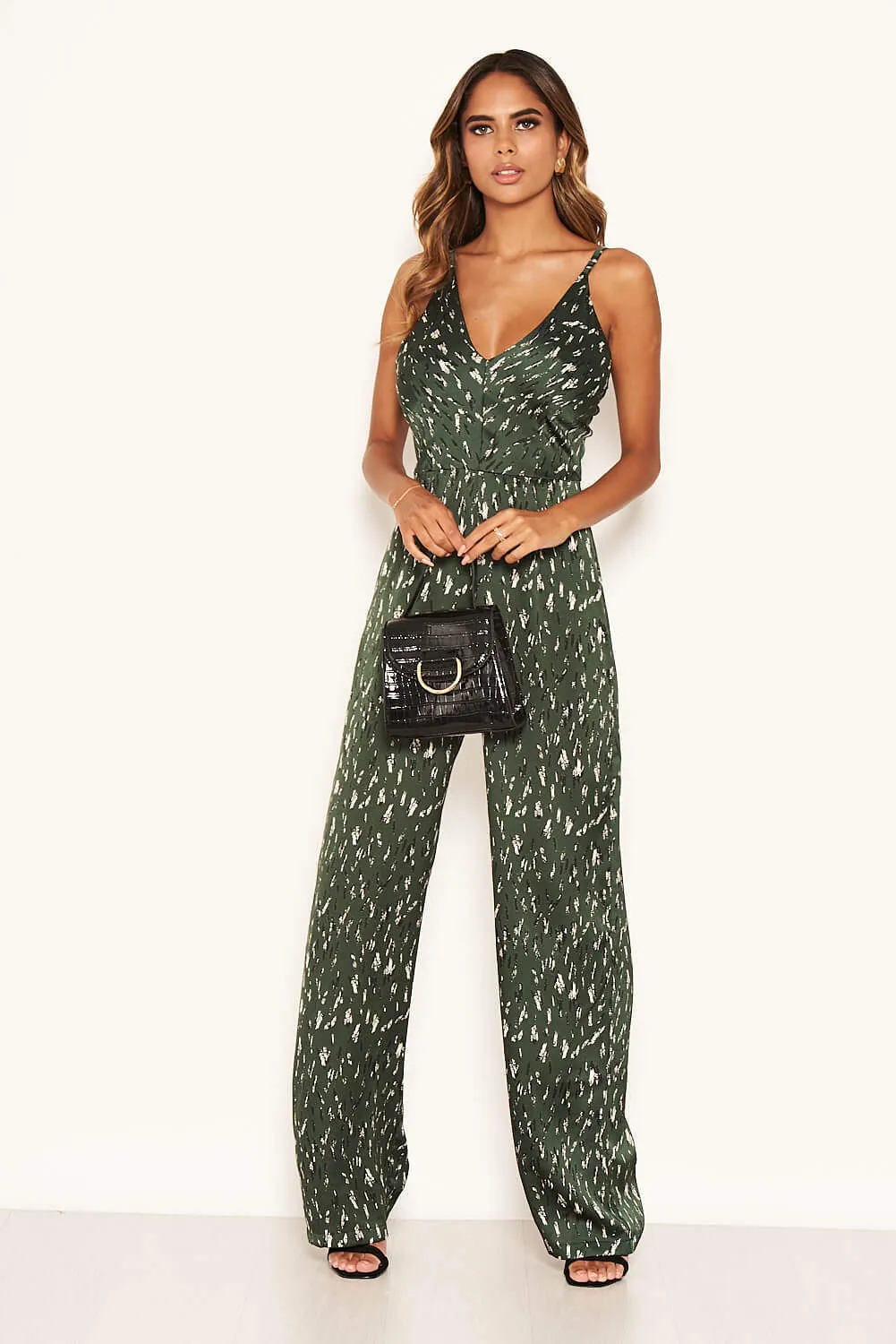 Green Printed Satin Wide Leg Jumpsuit sold by AX Paris product image thumbnail 2