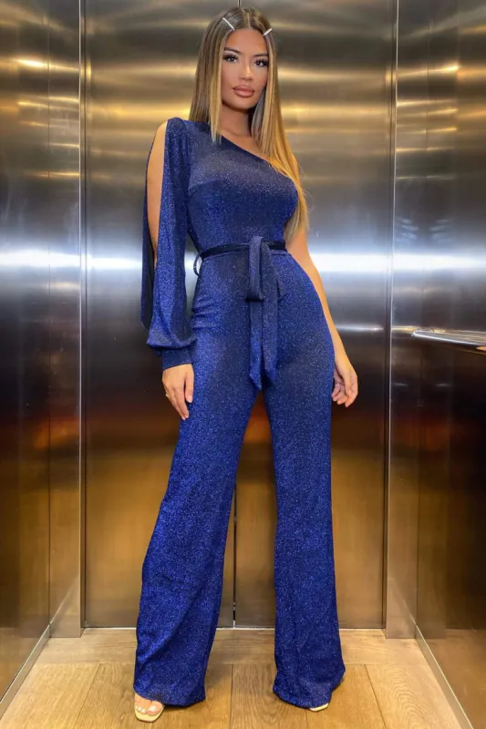 Blue Sparkle One Shoulder Jumpsuit sold by AX Paris